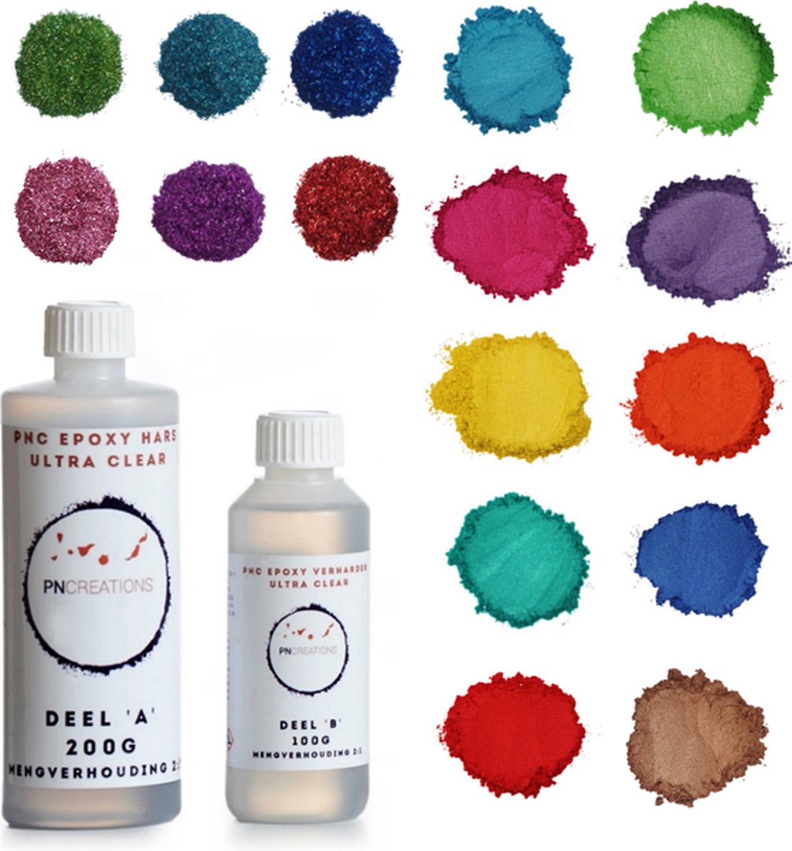 PNCreations Epoxy Set Color & Glitter Mix | 300 G PNC Ultra Clear Epoxy Hars | 10 Mica Pigmentkleuren | 6 Epoxy Glitter